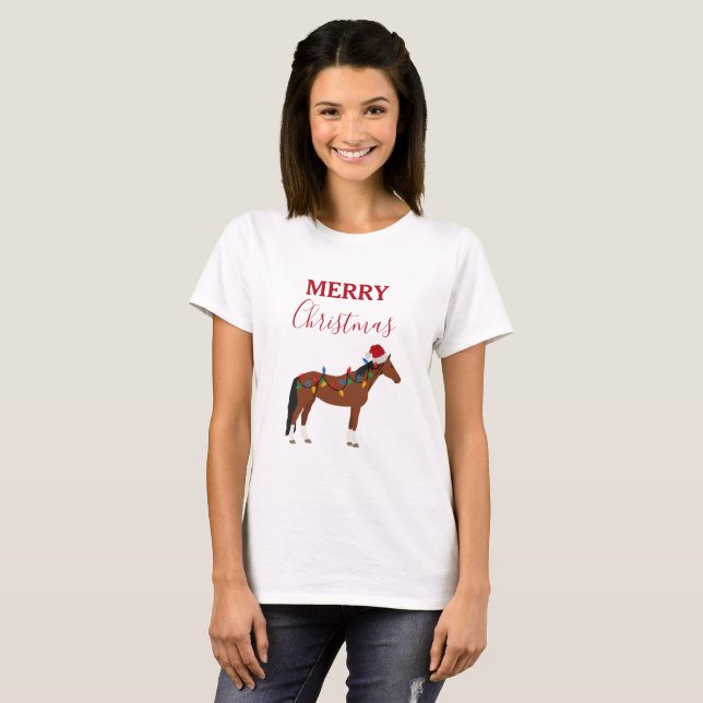 Camiseta Cavalo de Natal Santa Hat Xmas Luz T-Shirt (Frente Completa)