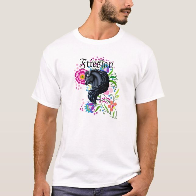 Camiseta Cavalo do frisão, garanhão, flores populares (Frente)