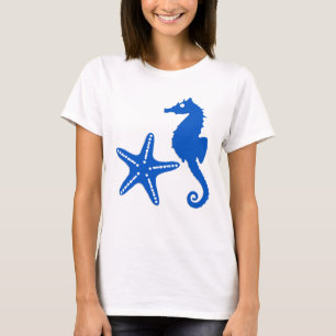 Camiseta Cavalo-do-mar e estrelas-do-mar - azul-cobalto
