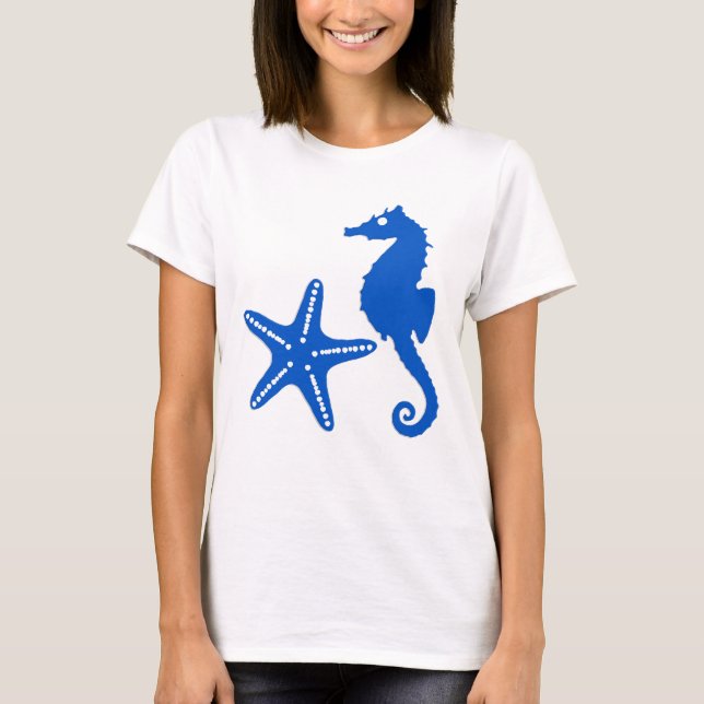Camiseta Cavalo-do-mar e estrelas-do-mar - azul-cobalto (Frente)