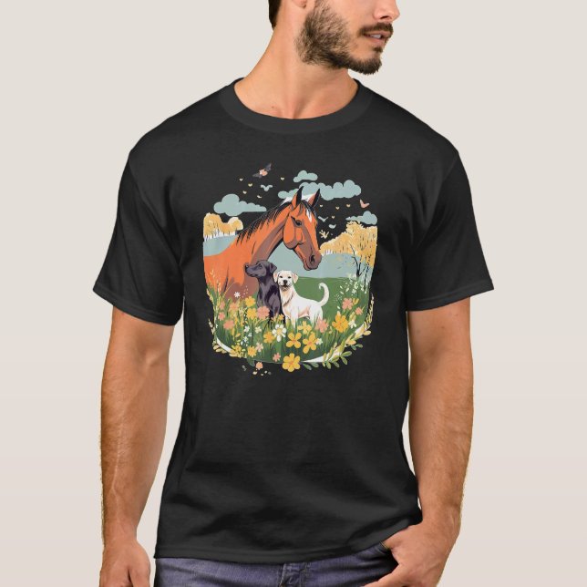 Camiseta Cavalo e Cachorro Com Bandeira dos EUA Equitação E (Frente)