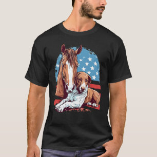 Camiseta Cavalo e Cachorro Com Bandeira dos EUA Equitação E
