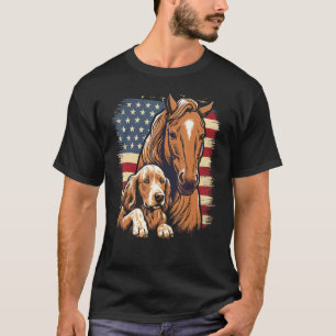 Camiseta Cavalo e Cachorro Com Bandeira dos EUA Equitação E