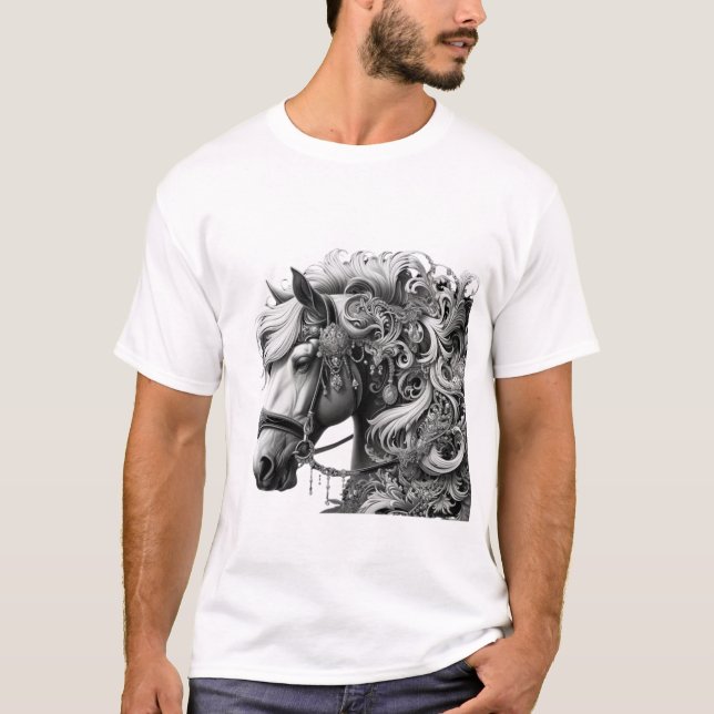 Camiseta Cavalo Elegante com Detalhes Ornamentais - Preto e (Frente)