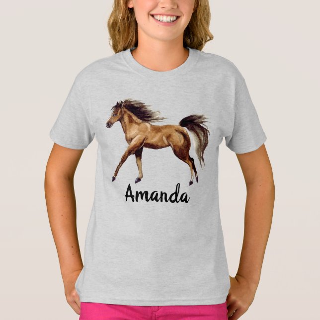 Camiseta Cavalo em Aquarela Monograma de Nome (Frente)
