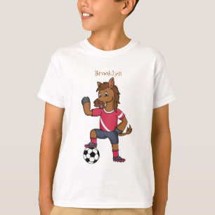 Camiseta Cavalo engraçado bonito jogando cartoon de futebo