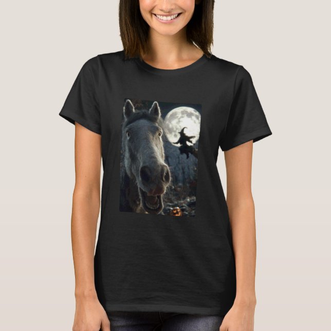 Camiseta Cavalo Engraçado Selfie Lua Cheia Bruxa Voadora Fl (Frente)
