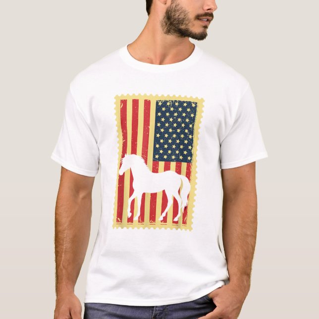 Camiseta Cavalo EUA Bandeira Americana 4 de julho Eque Patr (Frente)