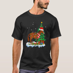Camiseta Cavalo Luzes Árvore de Natal Chapéu de Papai Noel