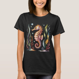 Camiseta Cavalo-Marinho Colorido com Plantas Marinhas