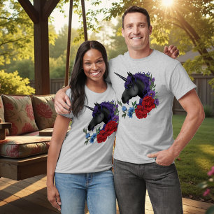 Camiseta Cavalo-marinho Preto Flores do Jardim de Purple Mi