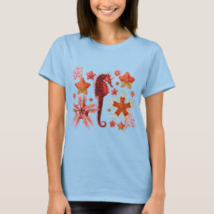 CAMISETA CAVALO-MARINHO VERMELHO E ESTRELAS-DO-MAR EM AZUL