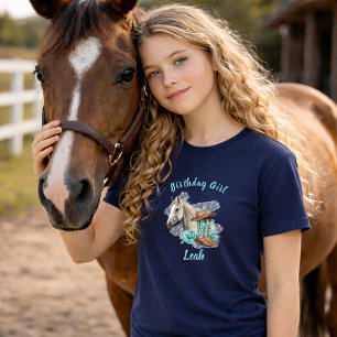 Camiseta Cavalo Ocidental Floral Aniversário - Azul-marinho