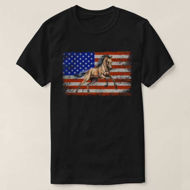 Camiseta Cavalo Patriótico - Bandeira Americana Andando Lon (Frente do Design)