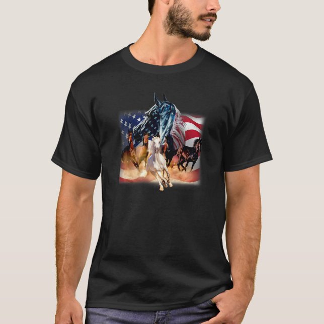 Camiseta Cavalo Patriótico Bandeira Americana Gráfico Ameri (Frente)