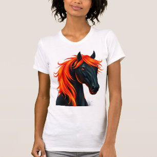 Camiseta Cavalo Preto Com Crina Vermelha Flamejante