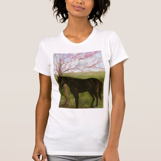 Camiseta Cavalo preto grande e uma árvore de cereja (Frente)