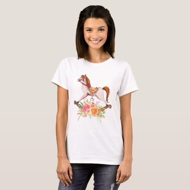 Camiseta Cavalo Rocking Vintage com Buquê Floral (Frente Completa)