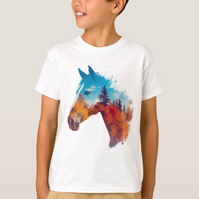 Camiseta Cavalo Surreal na Floresta do outono (Frente)