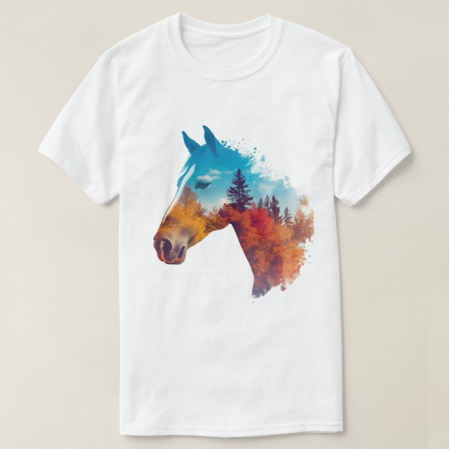 Camiseta Cavalo Surreal na Floresta do outono (Frente do Design)