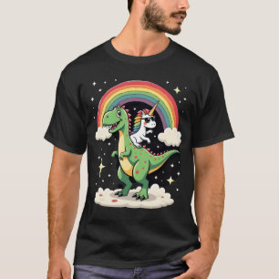 Camiseta Cavalo Unicórnio Arco-íris Montando T rex - Dinoss