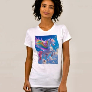 Camiseta Cavalo Unicórnio Dançante com Asas de Arco-íris
