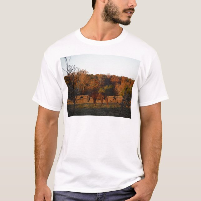 Camiseta Cavalo Vermelho Brown, bosque de outono. (Frente)