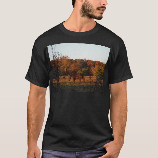 Camiseta Cavalo Vermelho Brown, bosque de outono. (Frente)