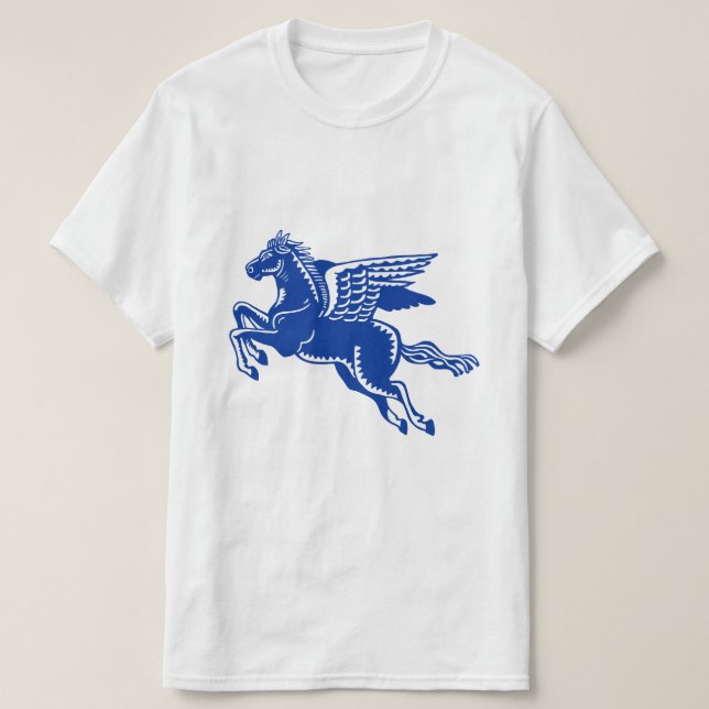 Camiseta Cavalo Voador - Camisa-T Marinho Azul e Branca (Frente do Design)