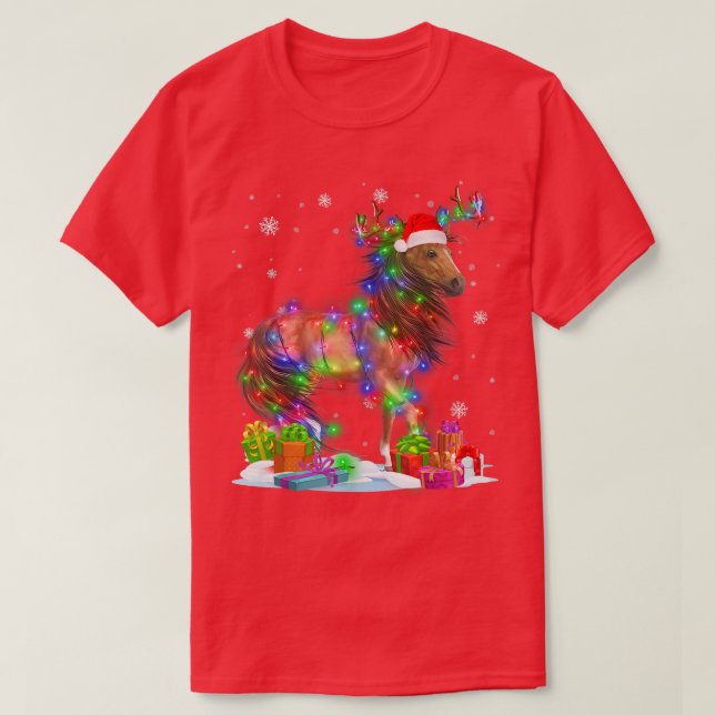 Camiseta Cavalos Árvore de Natal Light Pajama Animal Xmas33 (Frente do Design)