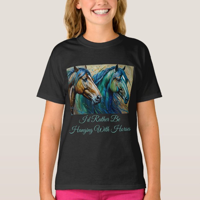 Camiseta Cavalos Azul Teal, castanho (Frente)