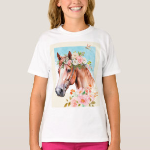 Camiseta Cavalos de Aquarela e Flores, Raparigas de Arte, C