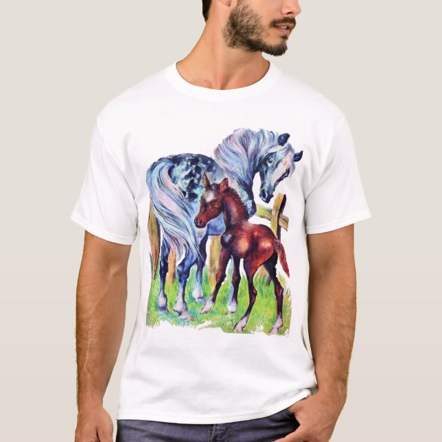 Camiseta Cavalos Mãe Bebê Campo de Grama (Frente)
