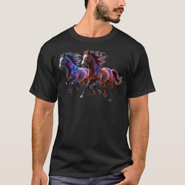 Camiseta Cavalos Místicos Neon Galácticos Correndo Par de F (Frente)