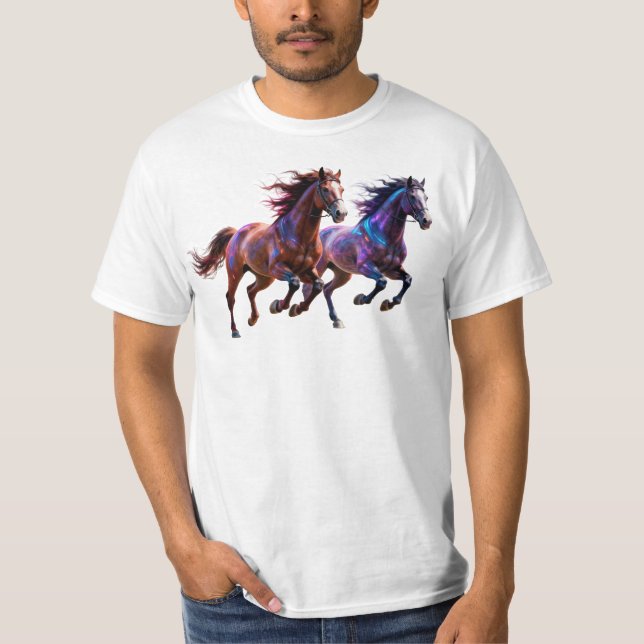 Camiseta Cavalos Místicos Neon Galácticos Correndo Par de F (Frente)