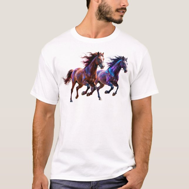 Camiseta Cavalos Místicos Neon Galácticos Correndo Par de F (Frente)