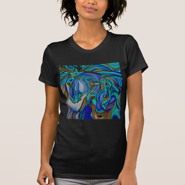 Camiseta Cavalos Selvagens em Castanho e Teal (Frente)
