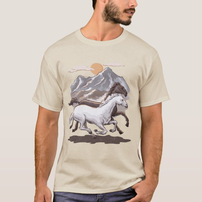 Camiseta Cavalos Selvagens Montanha Sunset (Frente)
