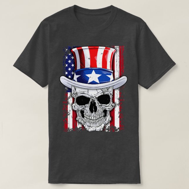 Camiseta Caveira 4 de julho Tio Sam American Flag Men Wome (Frente do Design)