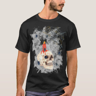 Camiseta Caveira Assustadora de Halloween, Vela, Aranhas e