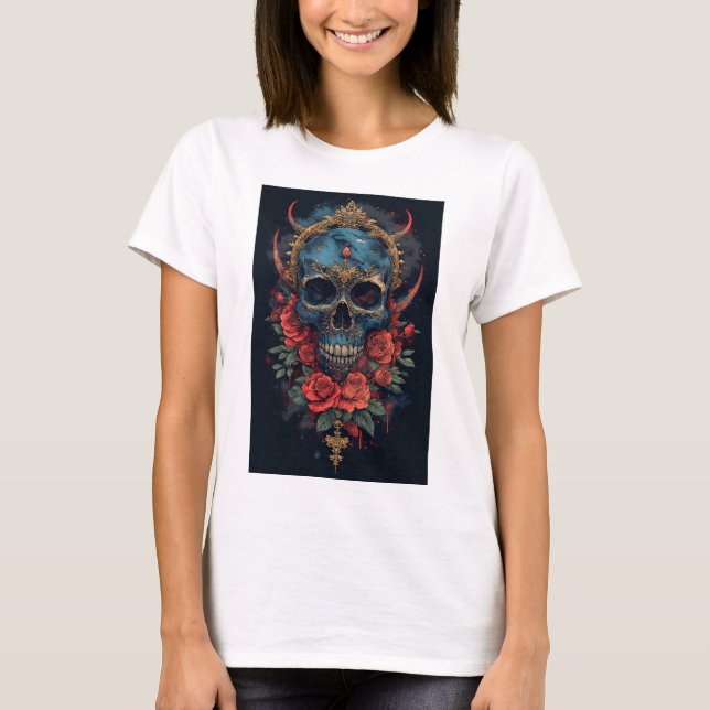 Camiseta Caveira Azul com Ouro Coroa e Rosas vermelhas (Frente)