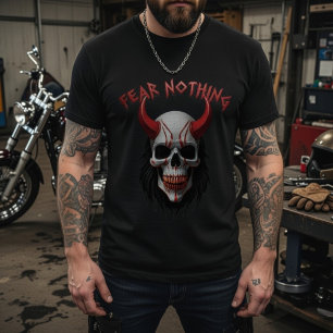Camiseta Caveira Chifres Vermelhos Gráfica Nada Teme