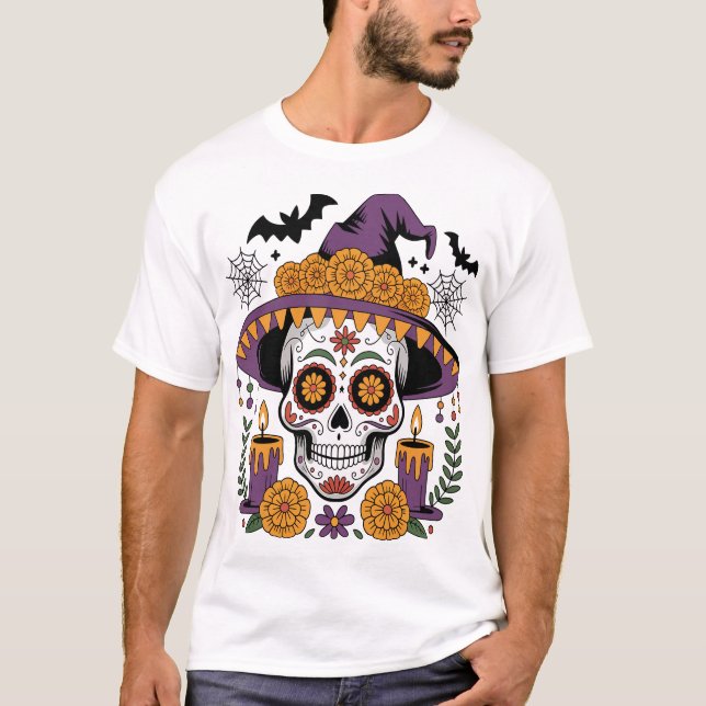 Camiseta Caveira com Chapéu de Bruxa Vetor de Halloween (Frente)
