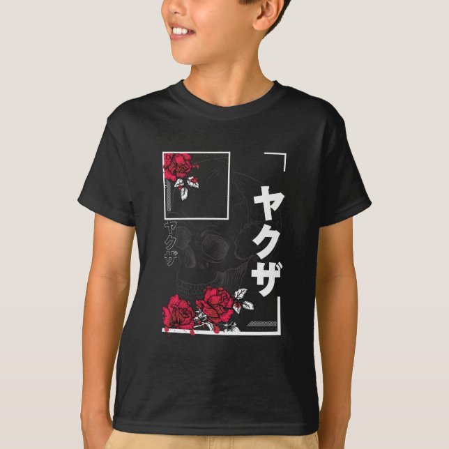 Camiseta Caveira Com Flores - Design de Estilo Japonês Urba (Frente)