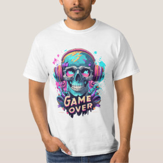 Camiseta Caveira com Fones de ouvido de Jogador Estilo de C
