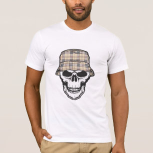 Camiseta Caveira com Gráfico de Boné Bucket Xadrez