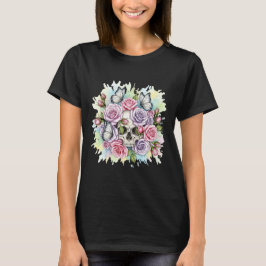 Camiseta Caveira com Rosas Rosa e Borboletas