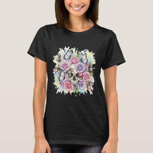 Camiseta Caveira com Rosas Rosa e Borboletas