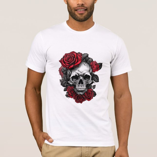 Camiseta Caveira com Rosas Vermelhas – Poder e Ele (Frente)