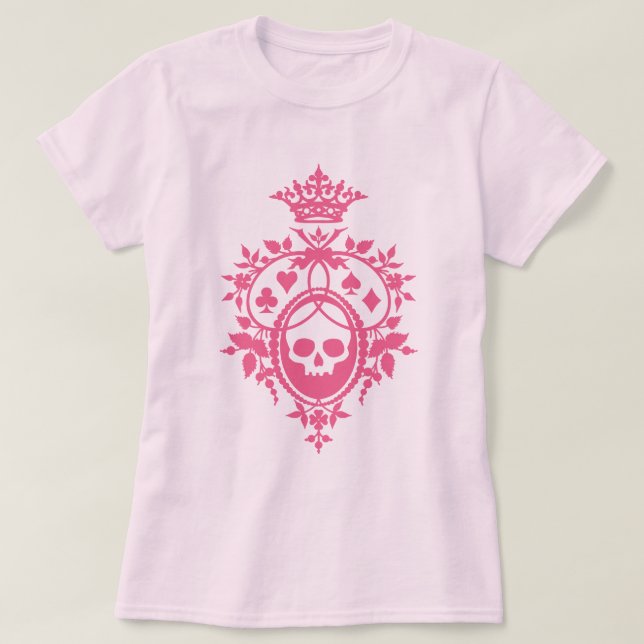 Camiseta Caveira Cor-De-Rosa E Cabos De Cartão Crest T-Shir (Frente do Design)
